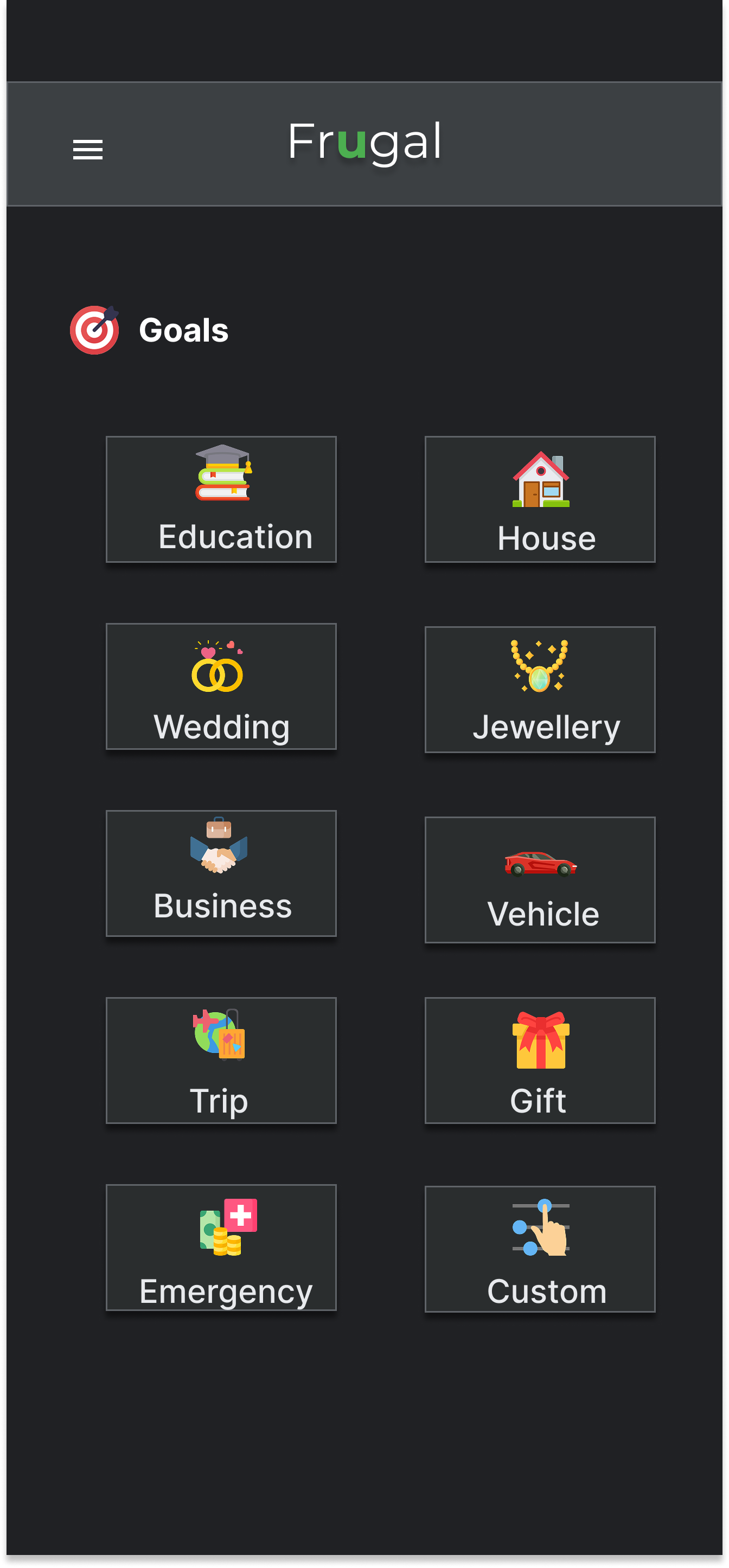 Frugal goals screen with savings categories