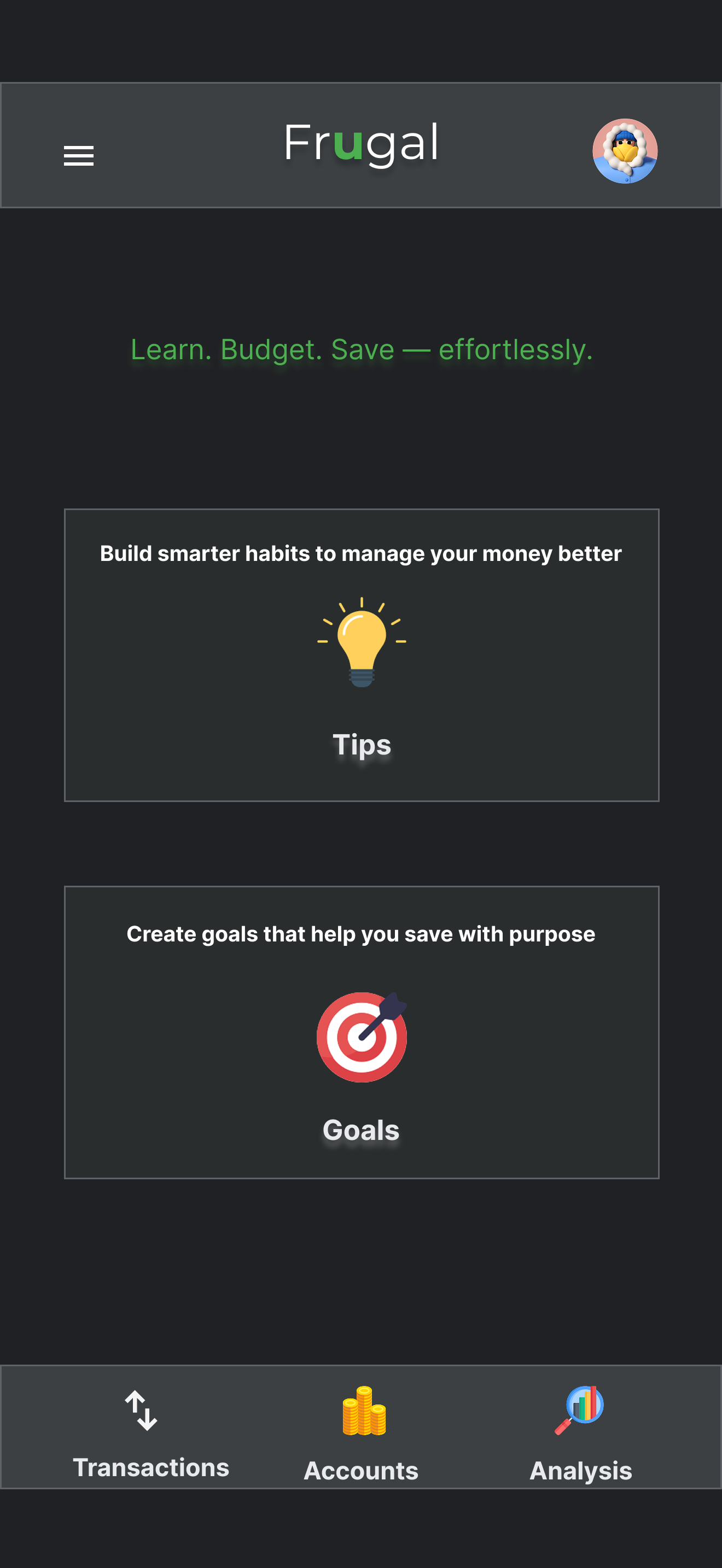Frugal home screen showing tips, goals, and primary navigation