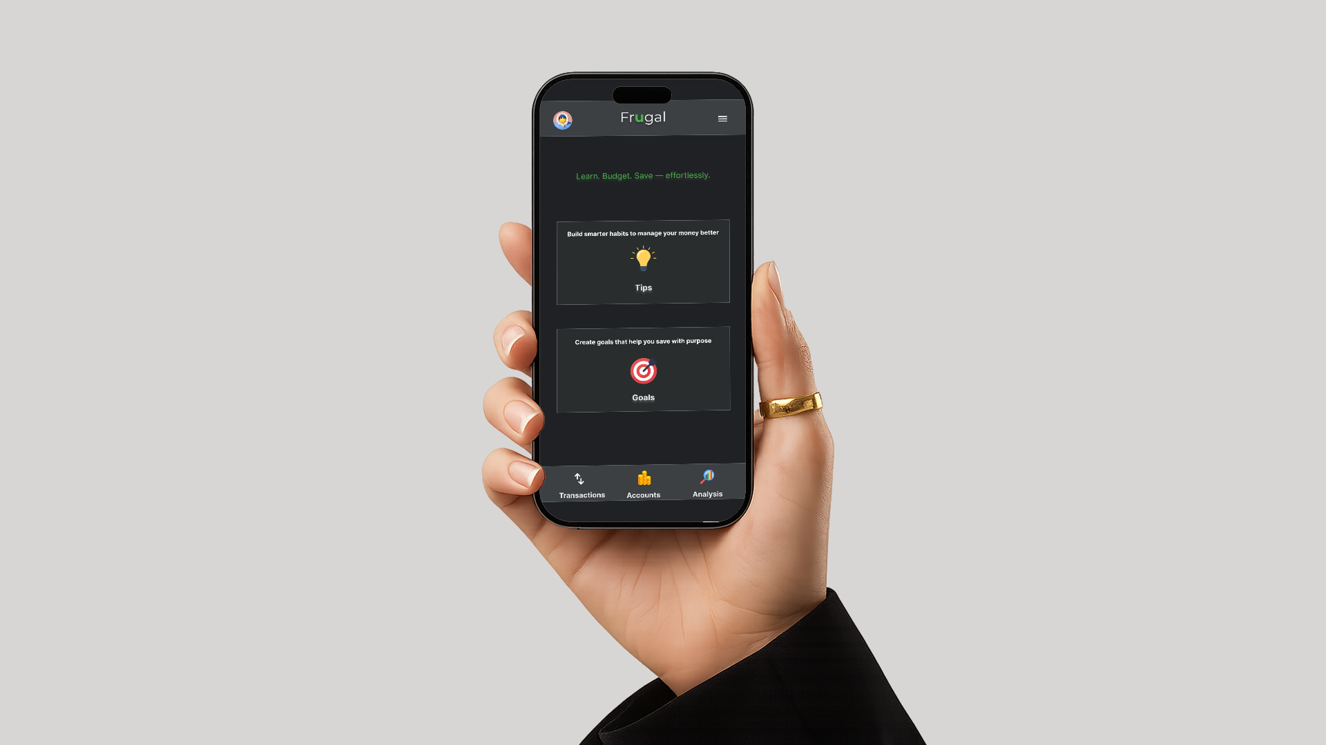 Frugal homepage screen mockup