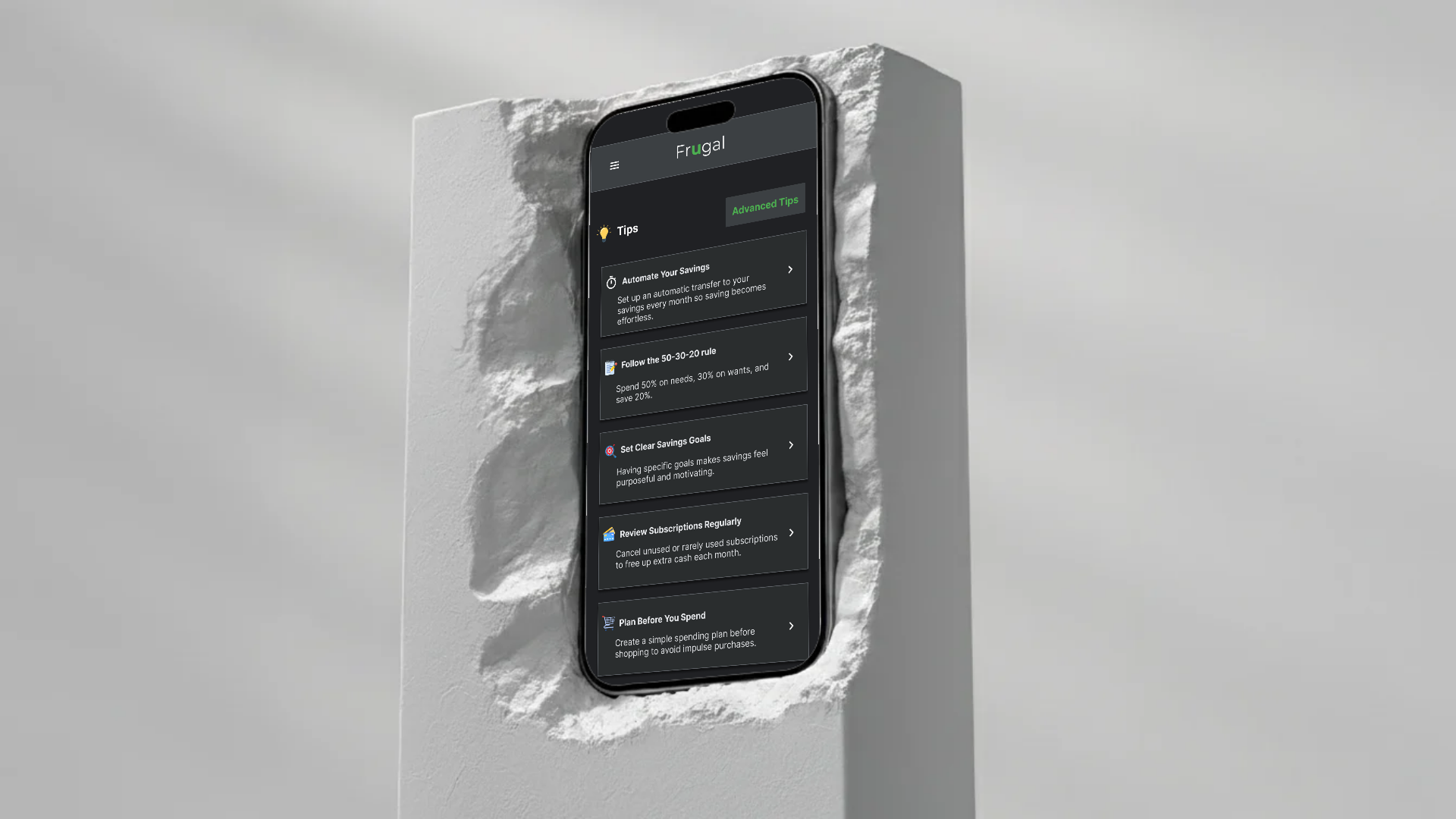 Frugal tips screen mockup
