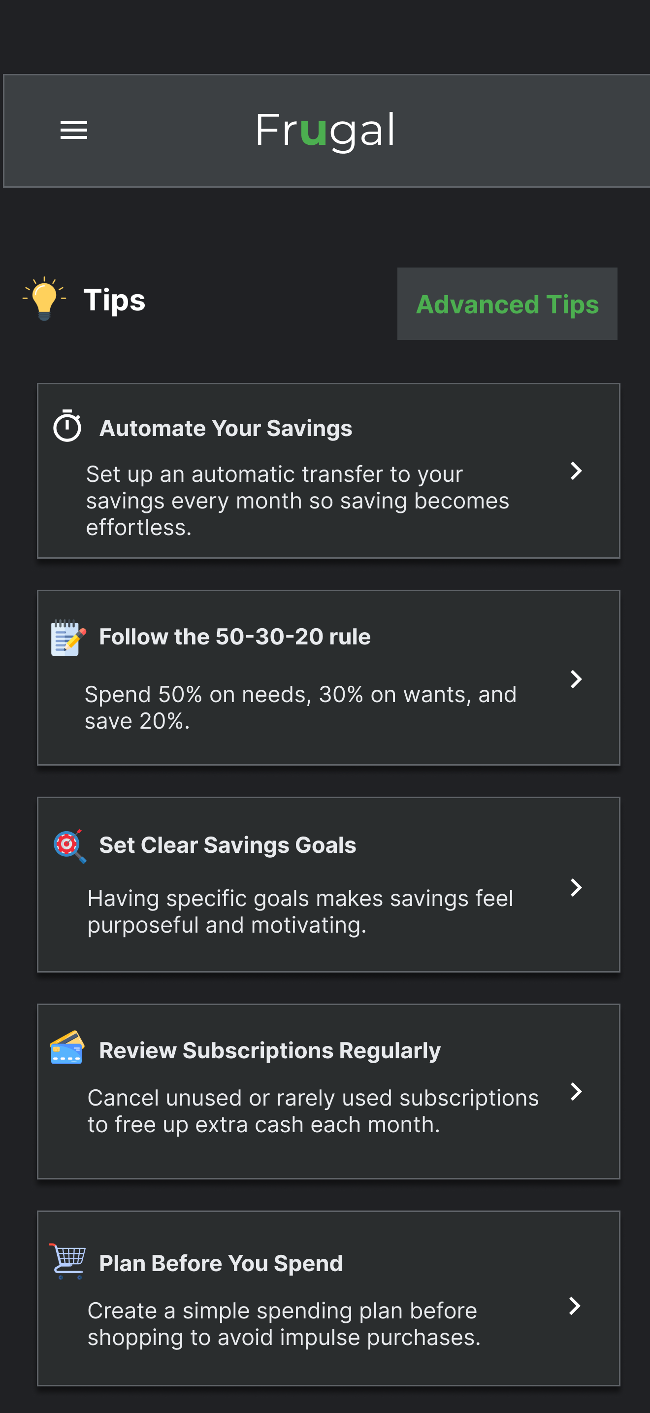 Frugal tips screen with simple budgeting guidance